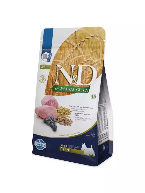 Krmivo N&D Dog Adult Mini Ancestral Grain Lamb, Spelt, Oats & Blueberry 0,8kg