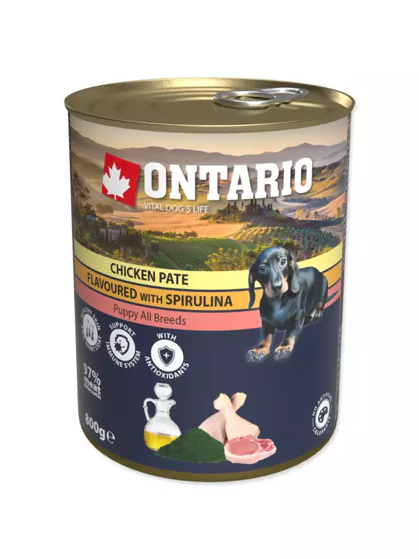 Konzerva Ontario Puppy kuře se spirulinou, paté 800g